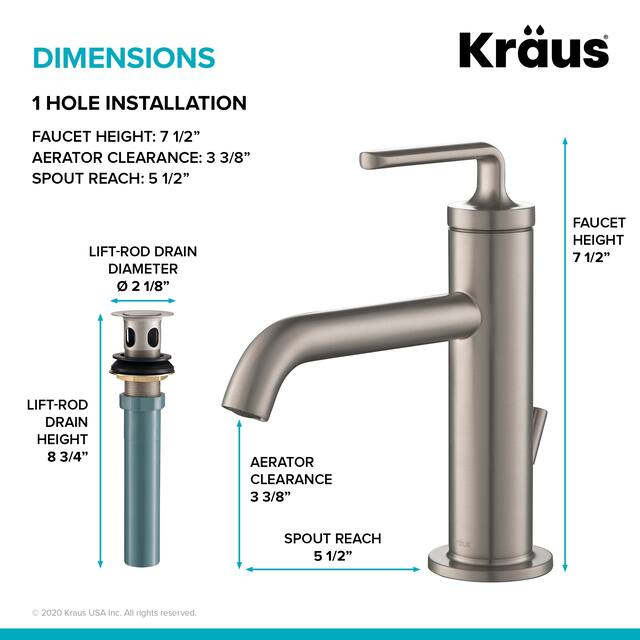 KRAUS Ramus Single Handle Bathroom Sink Faucet w/ Lift Rod Drain