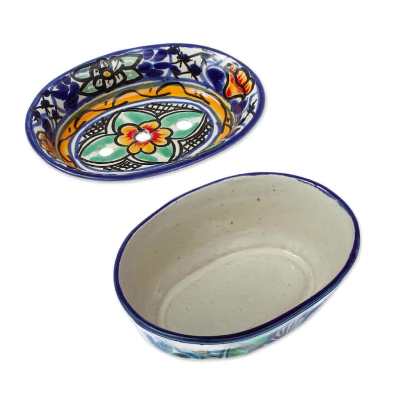 Novica Handmade Cobalt Flowers Ceramic Soap Dish - Multi