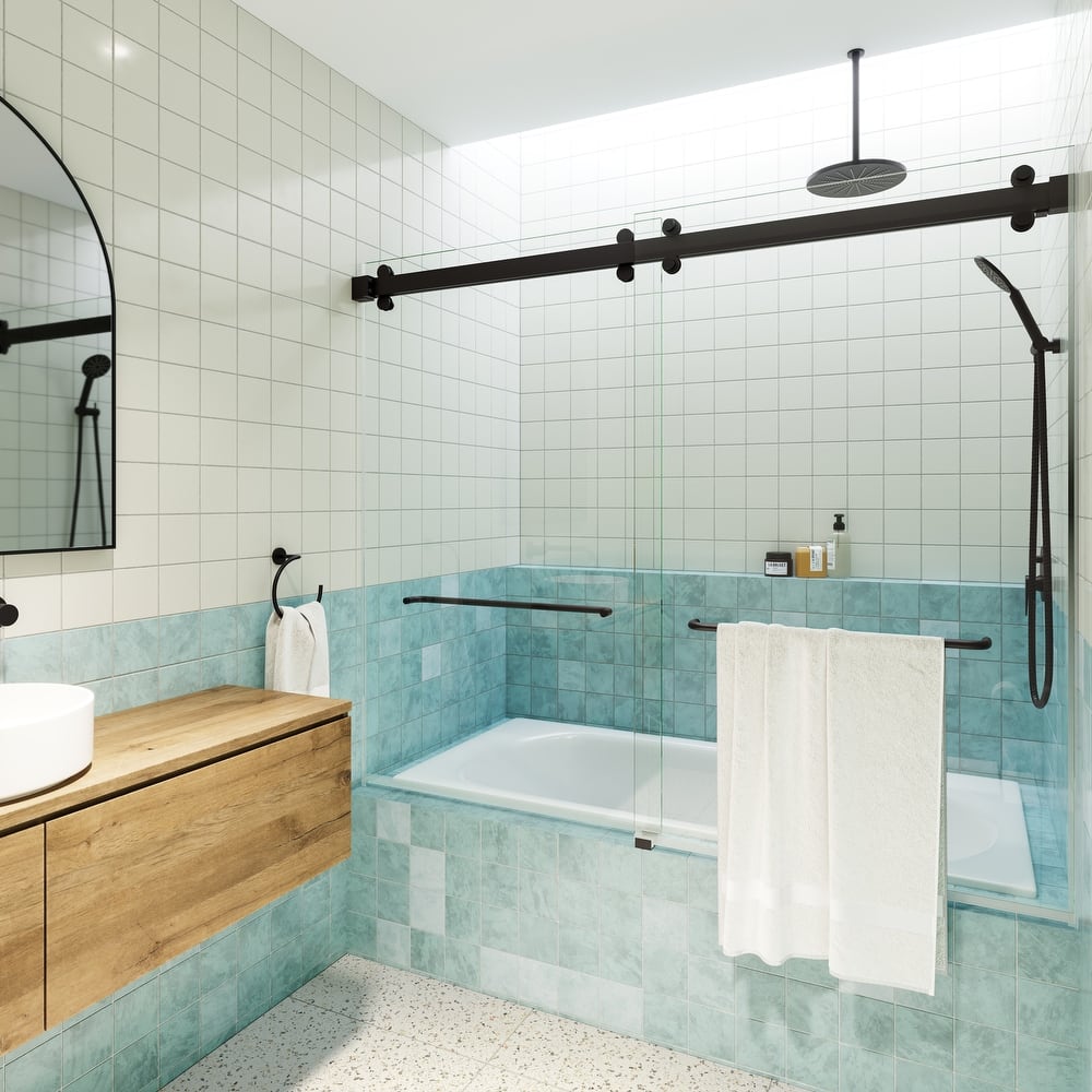 Polaris 60 in. x 60 in. Fully Frameless Glass Sliding Bypass Bathtub Doors with Square Hardware