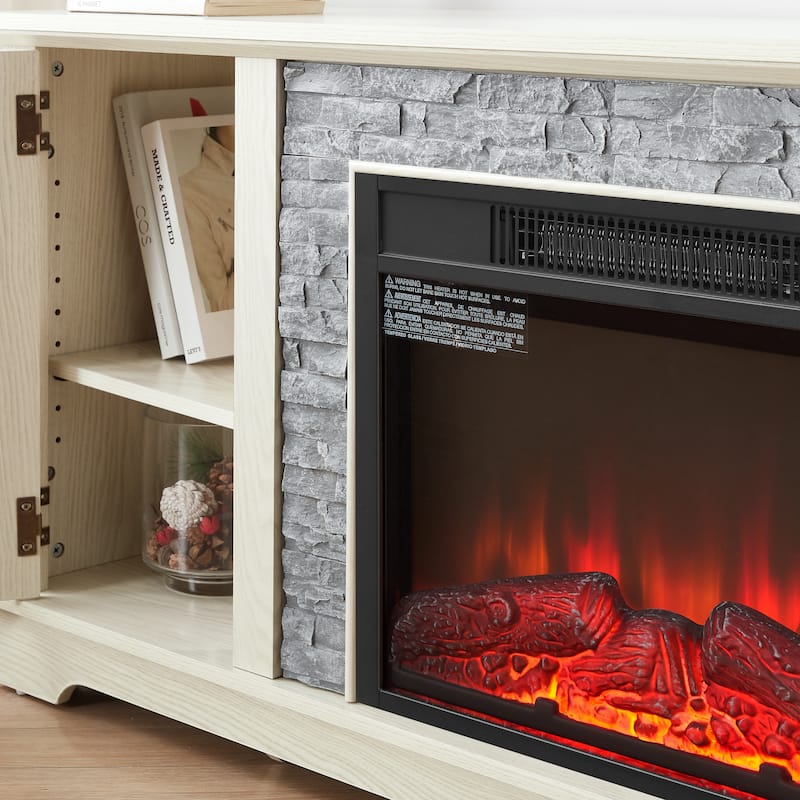 GDFStudio Thatch Wood 70" TV Stand with Faux Stacked Stone Fireplace and 2 Door Storage