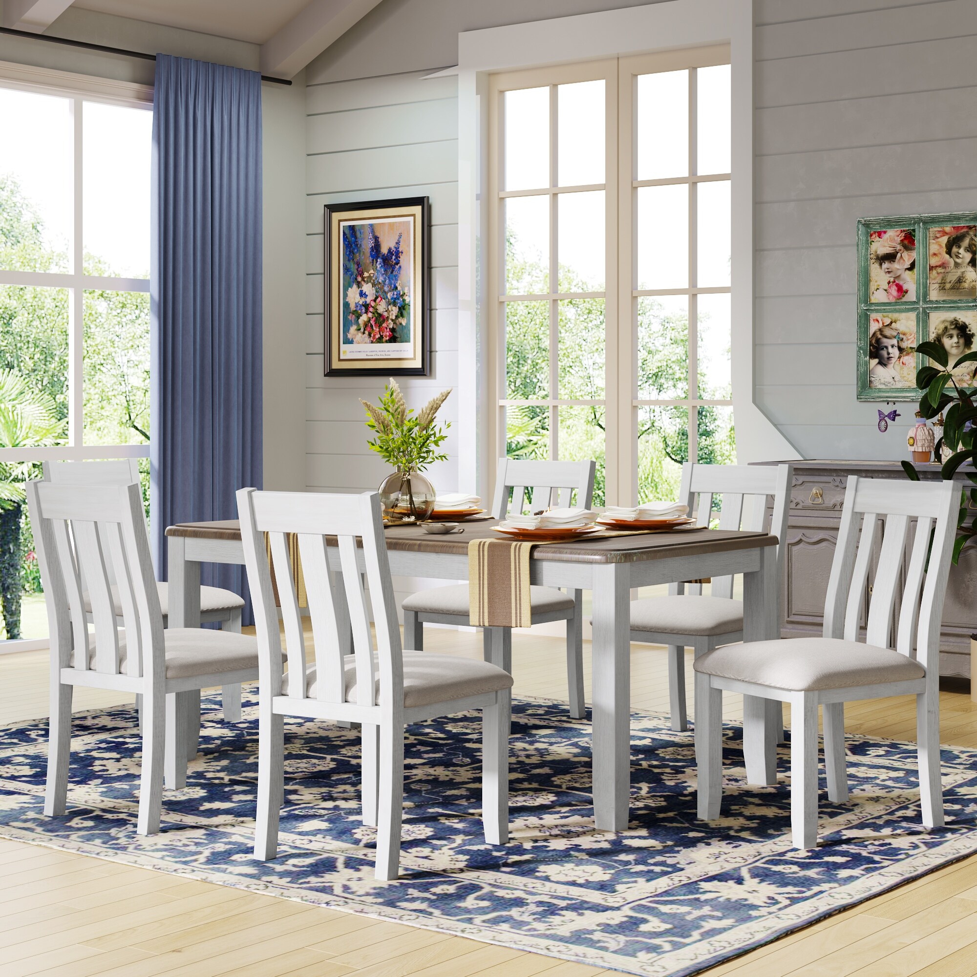 Neoclassical Style Dining Table Set for 6 7 Piece Kitchen Table