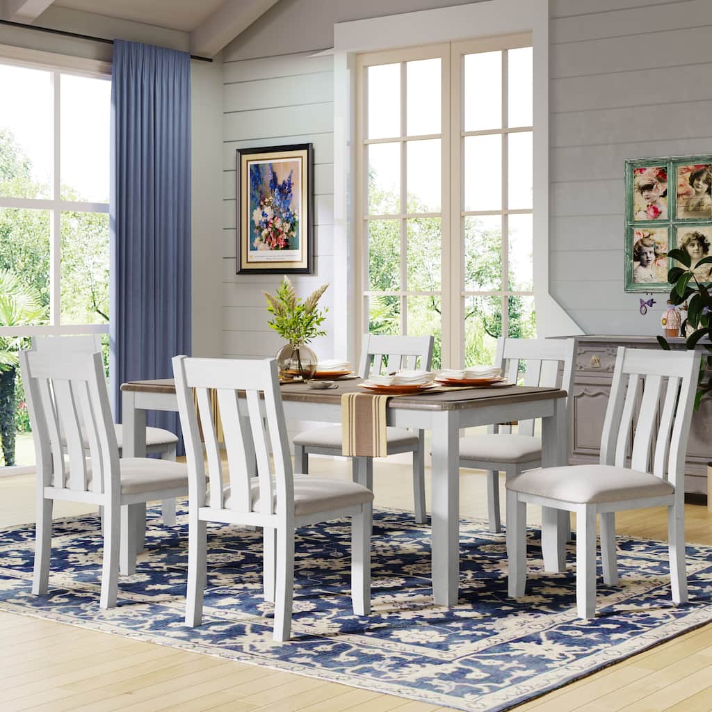 Retro 7-Piece Dining Table Set with Extendable Table and 6 Upholstered Chairs for Elegant Dining