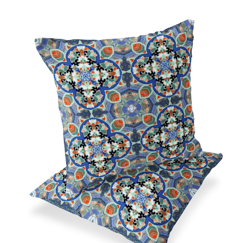 HomeRoots Set of Two 16" X 16" Blue and Orange Blown Seam Floral Indoor Outdoor Throw Pillow - 16.00' X '16.00' X '5.00