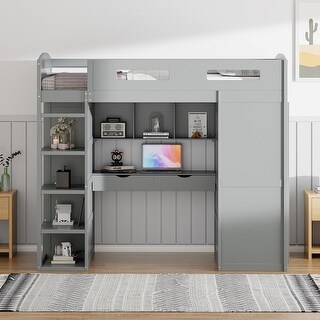 Stylish Loft Bed Wood Bed Loft Frame with Built-in Desk and Bookshelf, Double Door Wardrobe, Storage Shelves Ladder, 4 Drawers