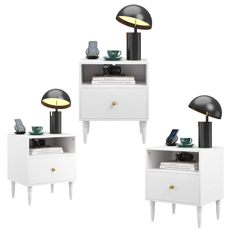 Modern Nightstand with Drawer and Open Shelf, Bedside Table with Gold Knob, Solid Wood Legs, Small End Table for Bedroom
