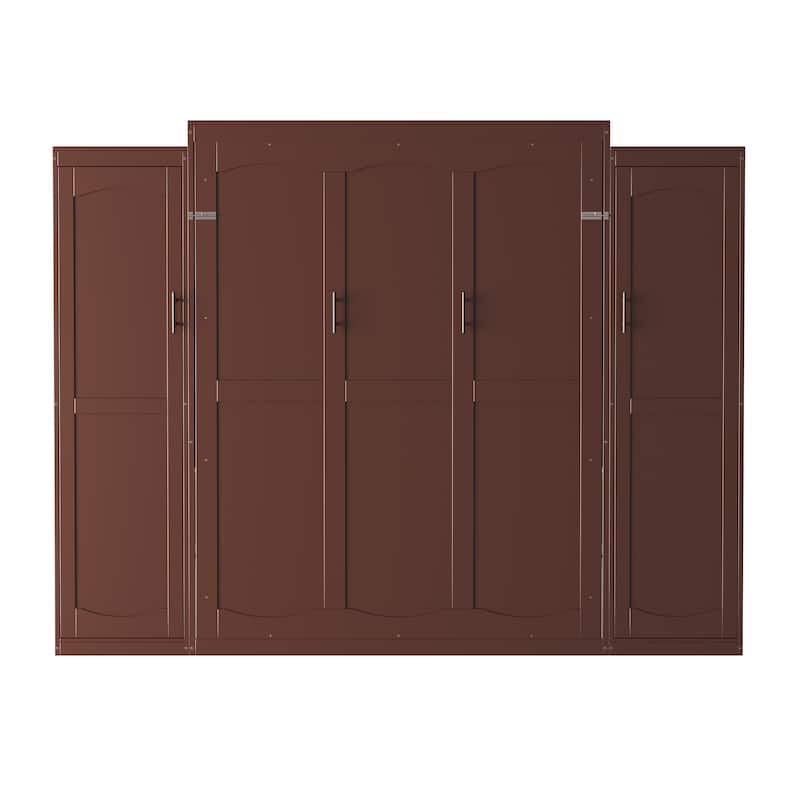 Full/Queen Size Murphy Bed, Wood Wall Murphy Bed with Two Closets and Shelves, Foldable Platform Bed Frame with Wooden Slats