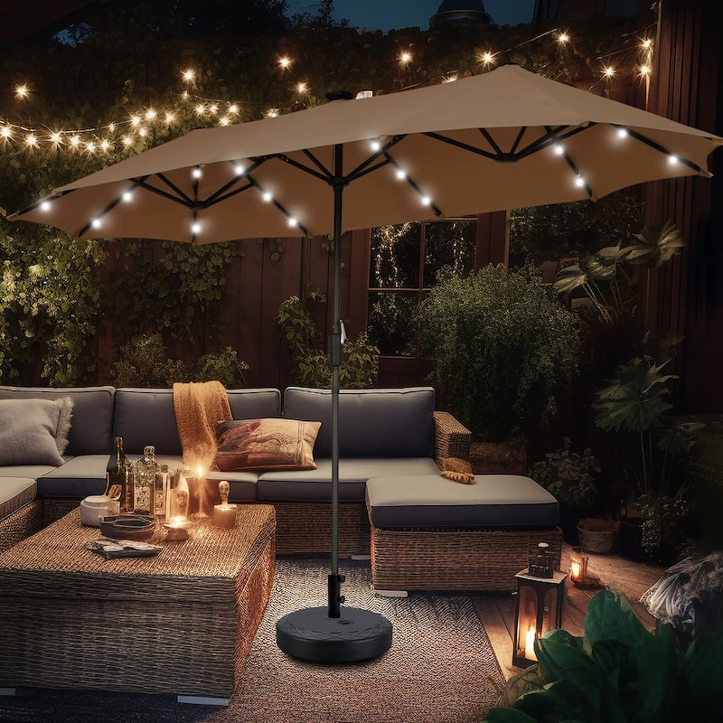 Ainfox 13ft Double-sided Patio Umbrella Solar LED Lighted Outdoor Martet Umbrella with Base