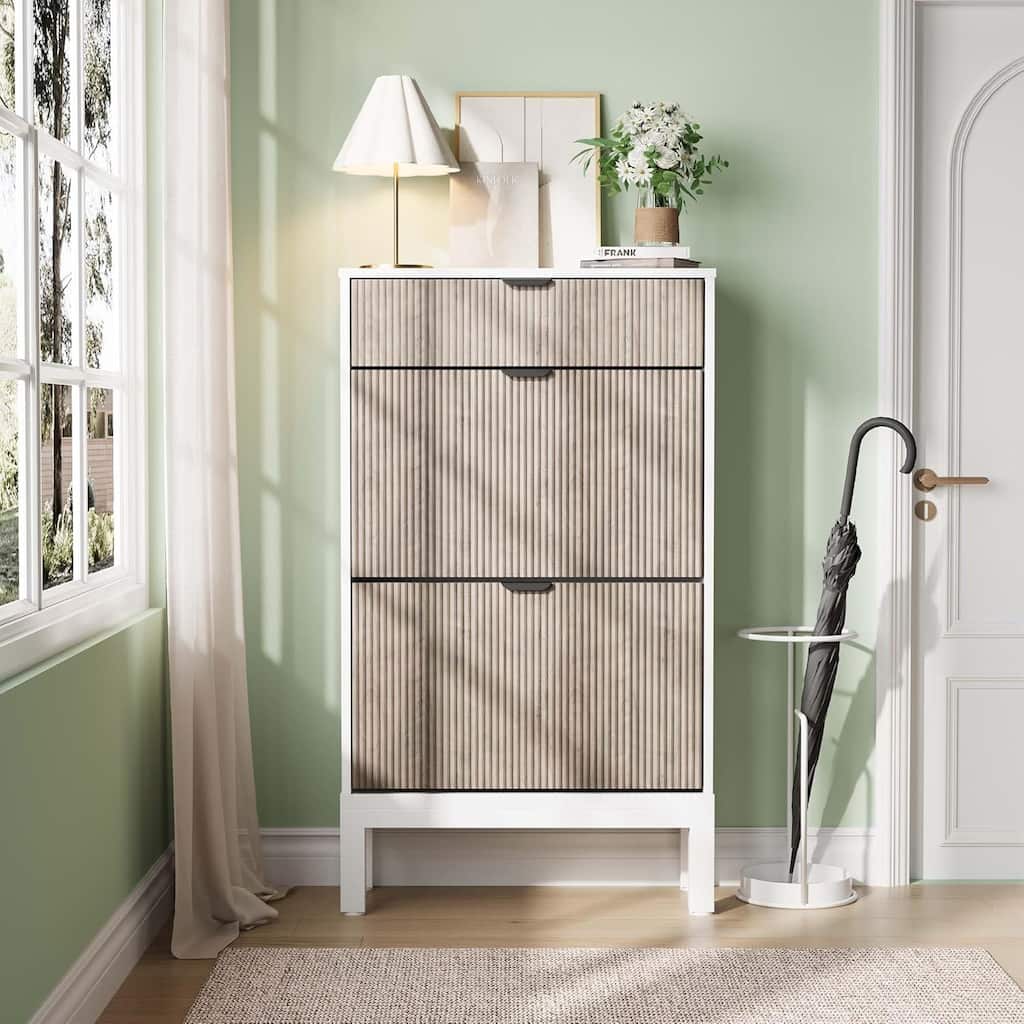 Shoe Storage Cabinet with 2 Flip Drawers and A Drawer