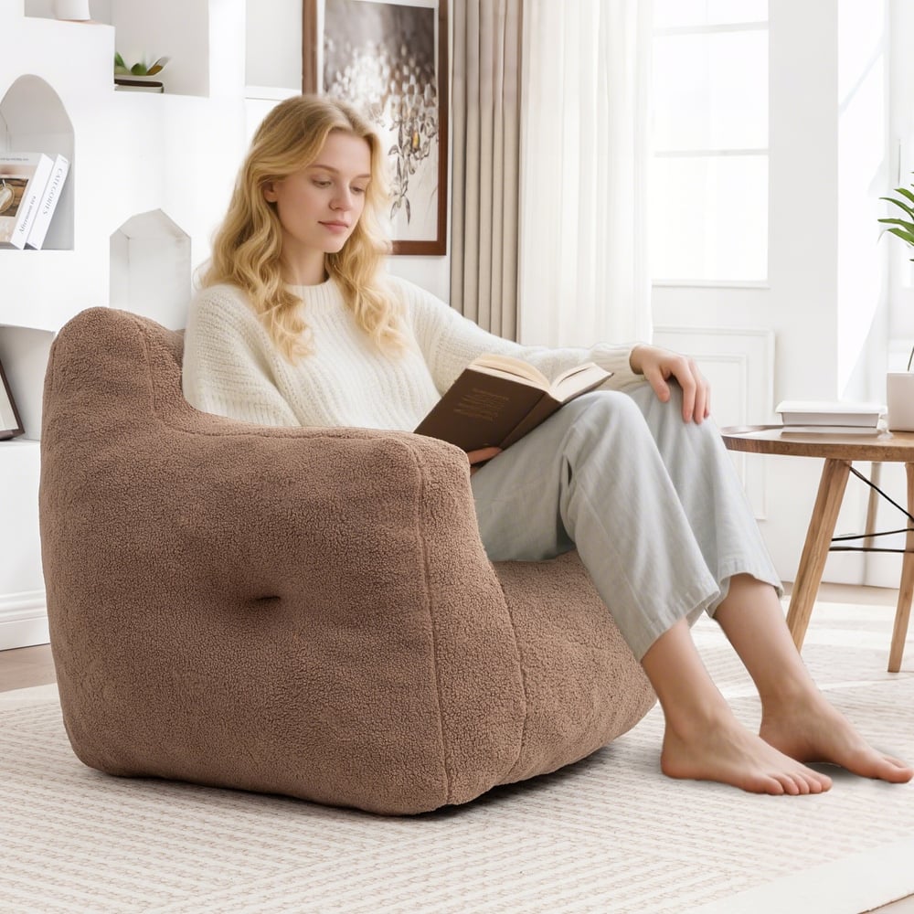 HOMEFUN Teddy Fabric Upholstered High-Density Foam Bean Bag Sofa Chair with Armrests