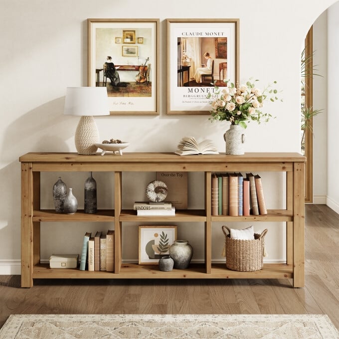 63-Inch Solid Wood Console Table, Entryway Table with Adjustable Shelf
