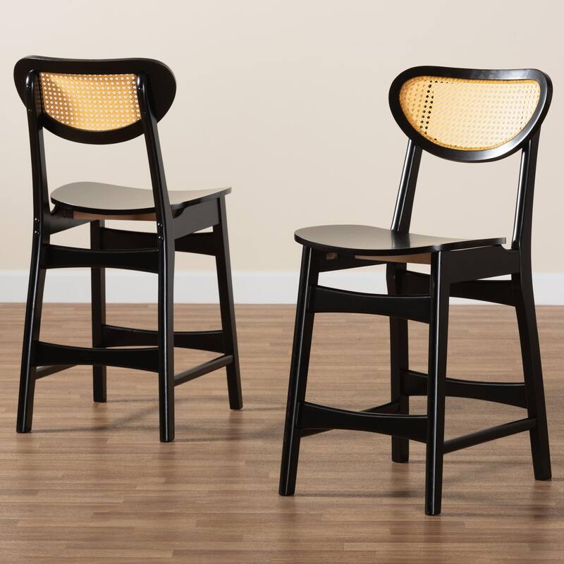 Hesper Mid-Century Modern Wood and Rattan 2-Piece Counter Stool Set