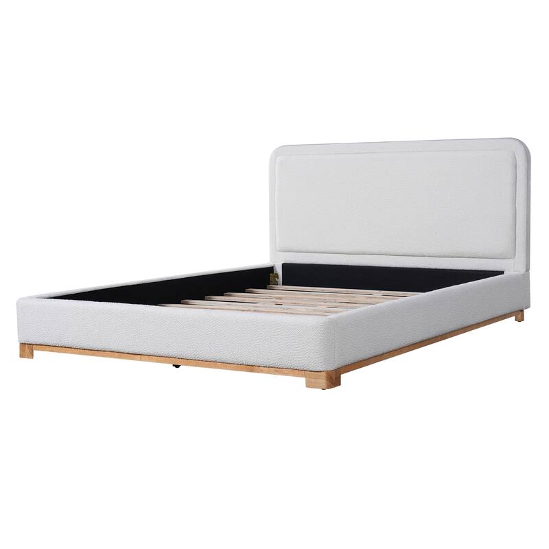 King/Queen Size Bed Frame with Boucle Upholstered Curved Headboard and Solid Wood Platform