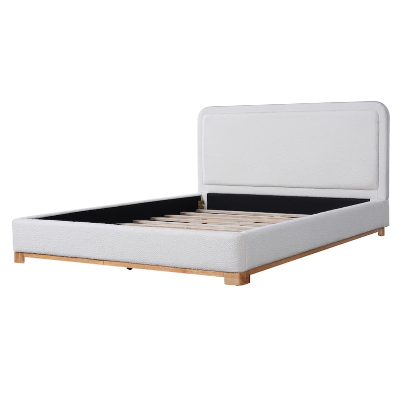 White Platform Bed Wingback Frame with Boucle Upholstered Curved Headboard, Solid Wood Base Low Profile Bed