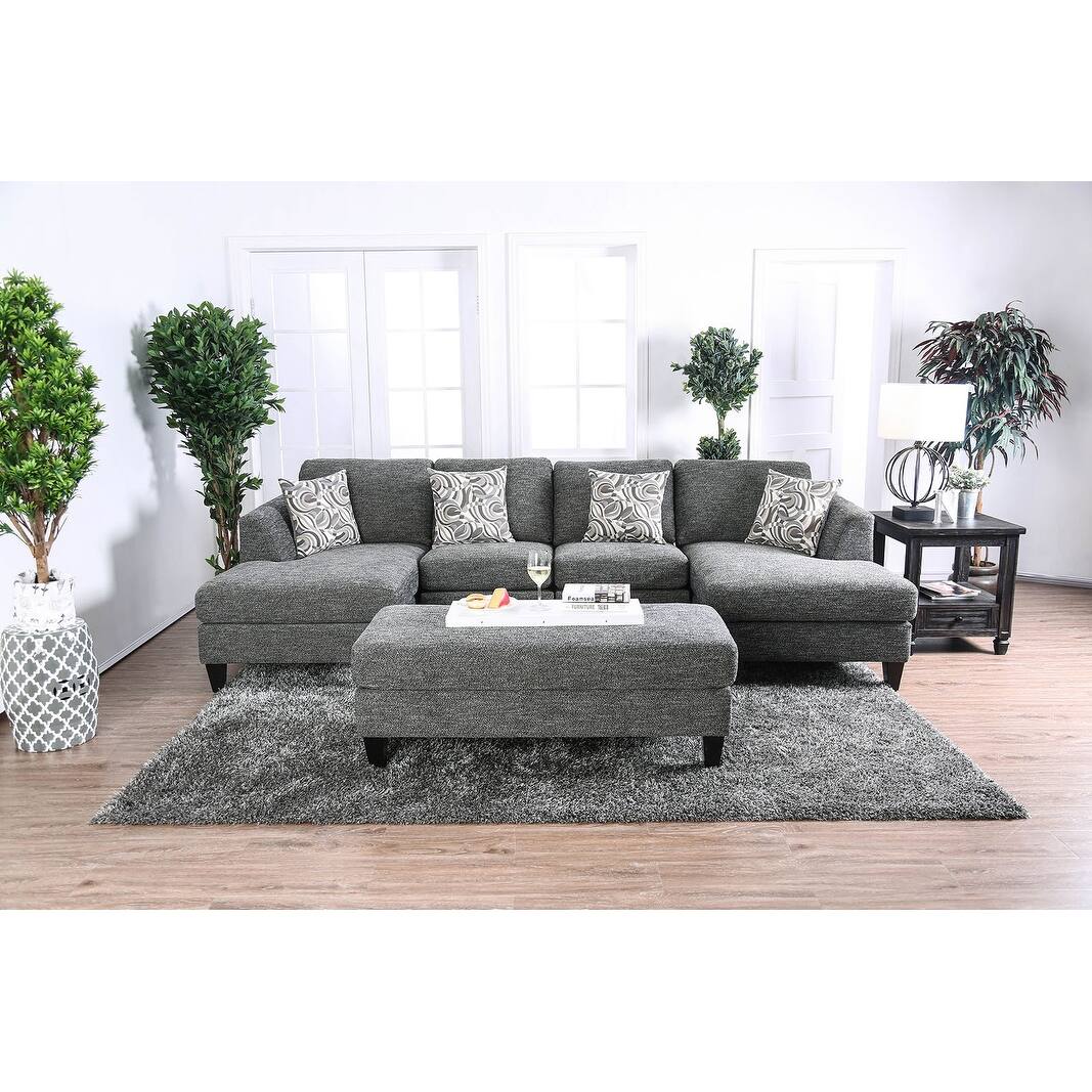 Gray Chenille 5pc Sectional Set Living Room Furniture Pillows Armless Chair Ottoman Chaise Plush Couch Sectionals