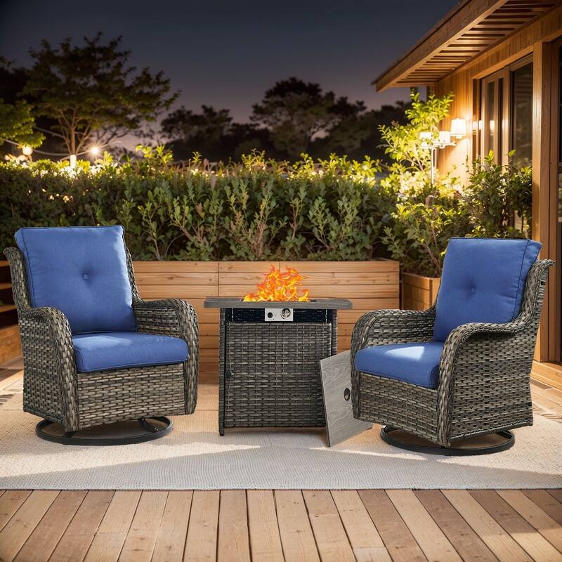 Pocassy Fire Pit Table with 2 Swivel Chairs - Grey - Blue