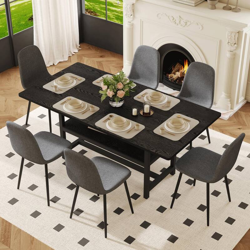 7-Piece Modern Dining Table Set, 71x35.4 Inch Wood Grain Table with 6 Linen-Cotton High