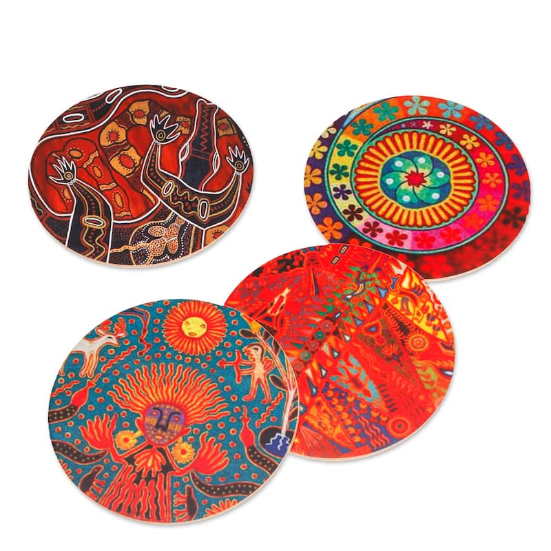 Novica Handmade Huichol Inspiration Decoupage Wood Coasters (Set Of 4)
