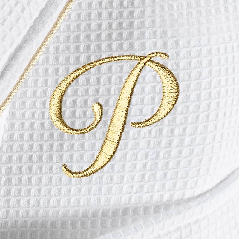 Authentic Hotel and Spa White/Gold Unisex Turkish Cotton Waffle Weave Terry Bath Robe with Gold Script Monogram