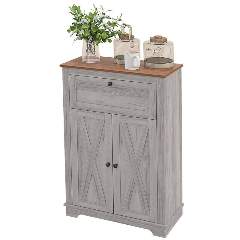 Farmhouse Barn Door Accent Cabinet, Kitchen Sideboard Storage Cabinet with Double Doors, Drawer, and Adjustable Shelf