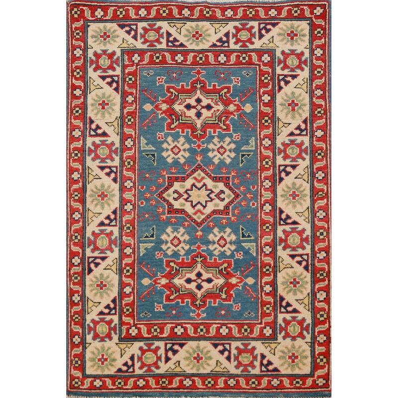 Blue Kazak Foyer Rug Geometric Hand-Knotted Wool Carpet - 2'7"x 4'0"
