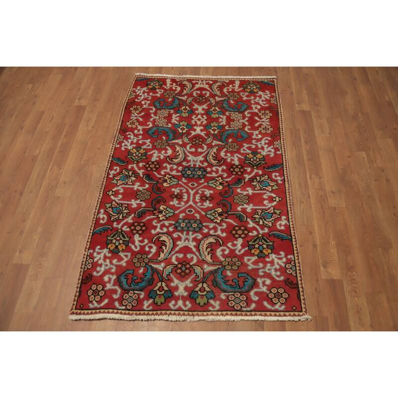 Hand Knotted Oriental 100% Wool Carpet Traditional Floral Red Tabriz Area Rug - 4' 9'' X 3' 1''