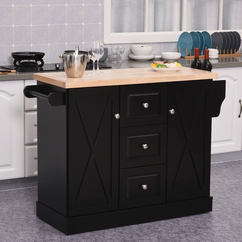 HOMCOM Farmhouse Mobile Kitchen Island Utility Cart with Barn Door Style Cabinets, Drawers and Wheels- Black - 49.5*18*36