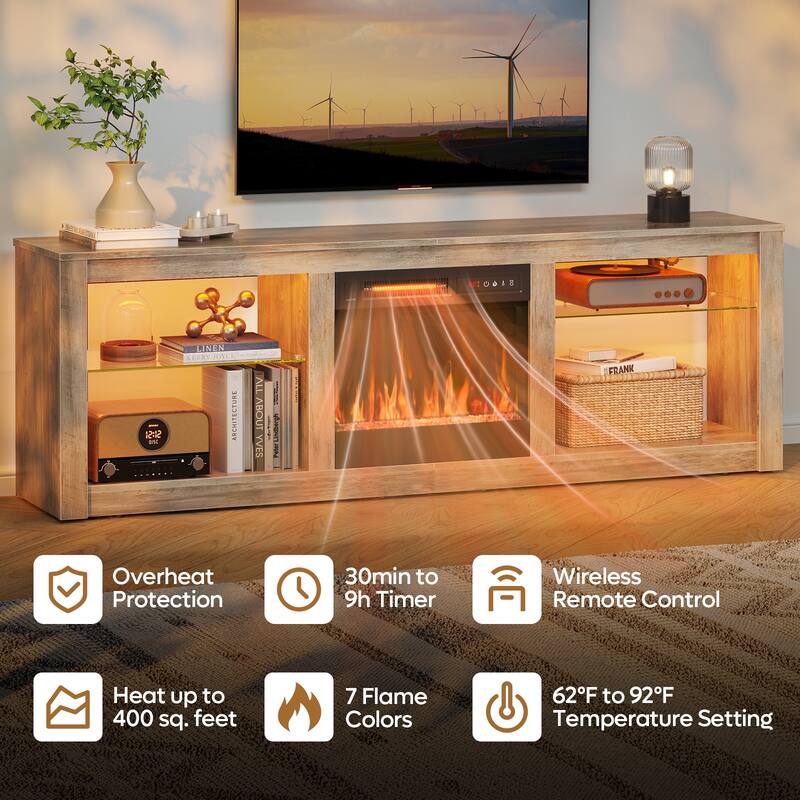 63 in. LED TV Stand Fits TV's Up to 75 in. Entertainment Center with Fireplace and Adjustable Shelves - 13.78hx63wx22.05d