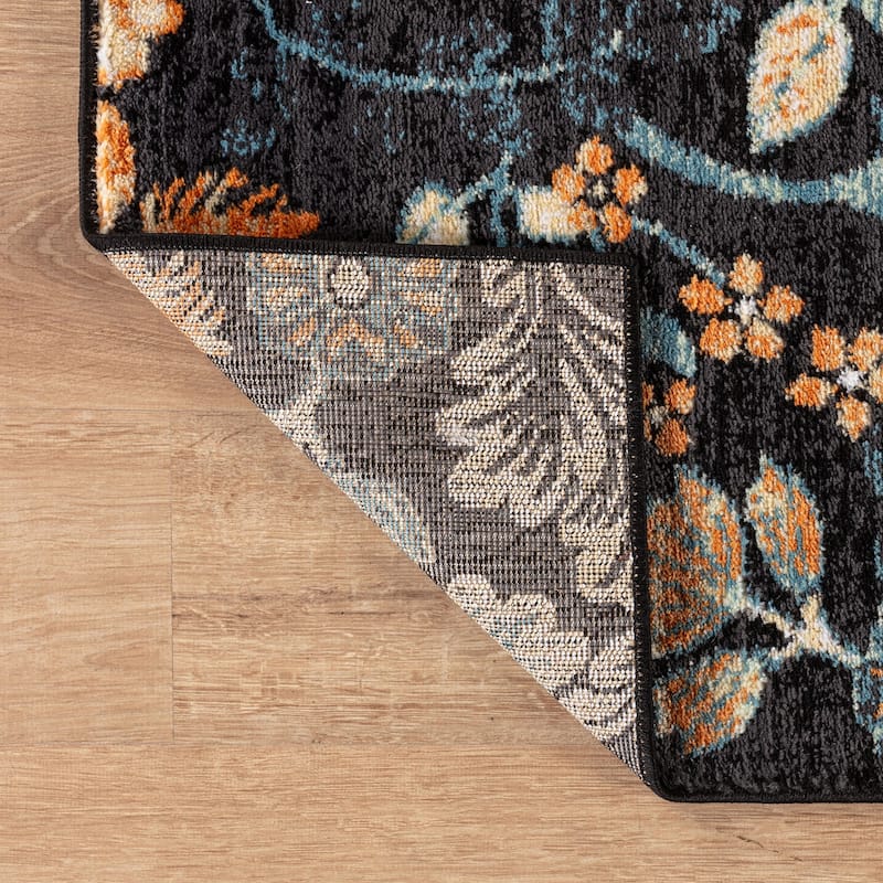 Black Multi Symmetrical Floral Stylish and Durable Area Rug