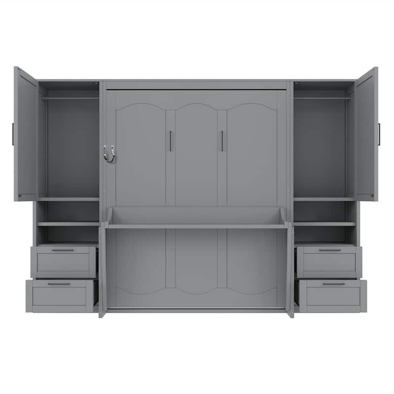 Queen Size Murphy Bed Wall Bed with 2 Wardrobes and 4 Storage Drawers, Foldable Murphy Cabinet Bed w/Open Storage Shelves& Stool