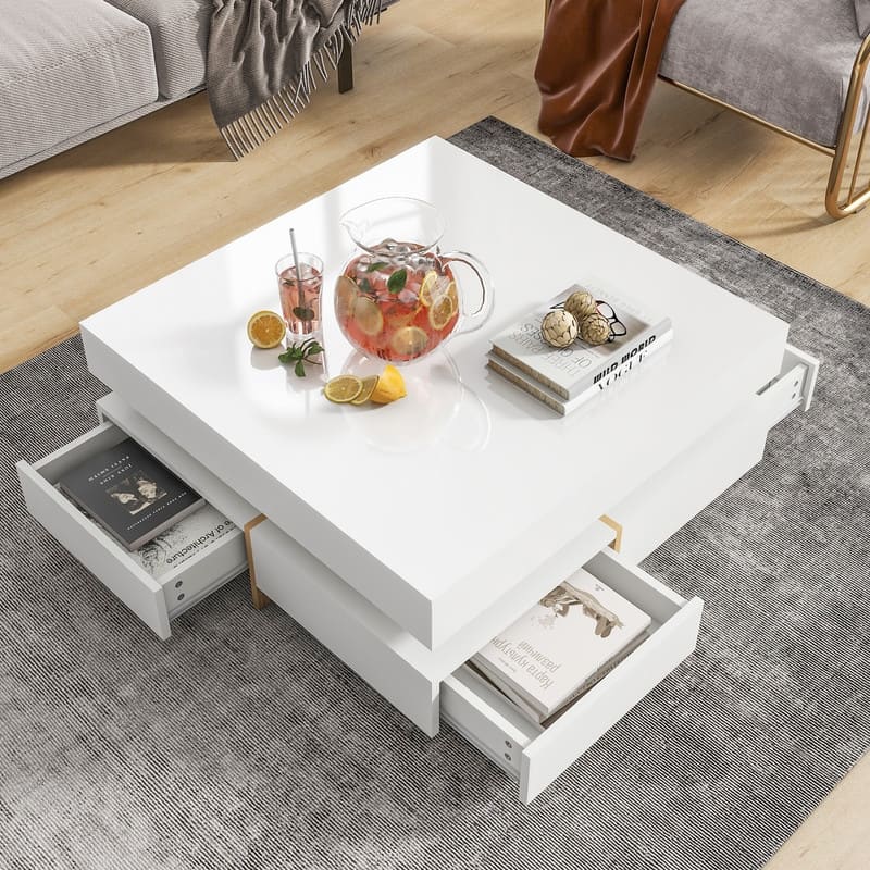 Modern Square Coffee Table with 4 Drawers, High Gloss Cocktail Tea Table with Wood Grain Legs, Accent Center Table - White