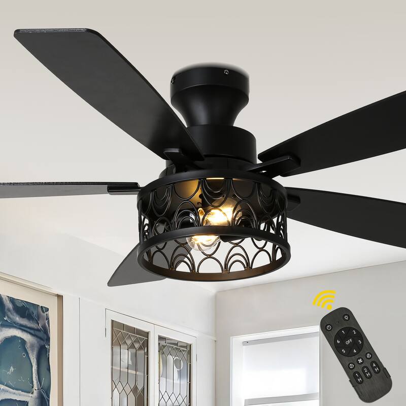 Bella Depot 52" Black Modern Flush Mount Ceiling Fan with Light and Remote - Black
