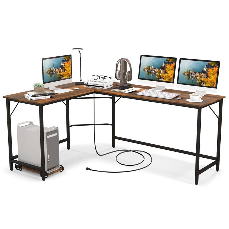 Costway L-shaped Gaming Desk Computer Desk with CPU Stand Power