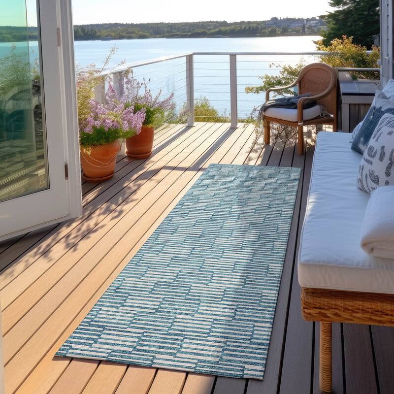 Machine Washable Indoor/ Outdoor Chantille Stripe Blocks Rug - Teal - 2'3" x 7'6"