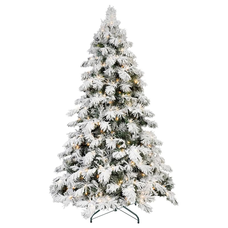HomeRoots 7' White Pre Lit Full Flocked Fir Christmas Tree - 52.00 in. x 84.00 in. x 52.00 in.