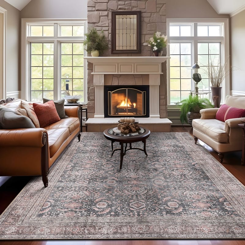 World Rug Gallery Vintage Inspired Machine Washable Non Slip Area Rug - 10' x 14' - Charcoal - Rectangle