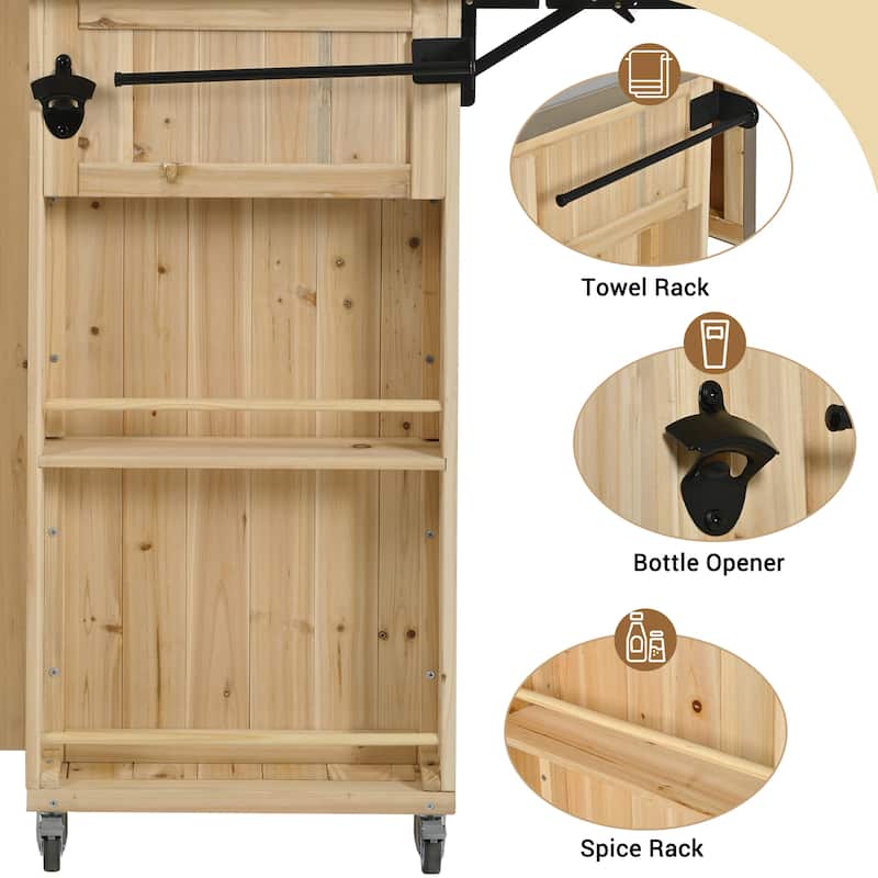 Outdoor Kitchen Island with Foldable Stainless Steel Top & Bottle Opener, Fir Wood Kitchen Island with Shelves and Towel Racks