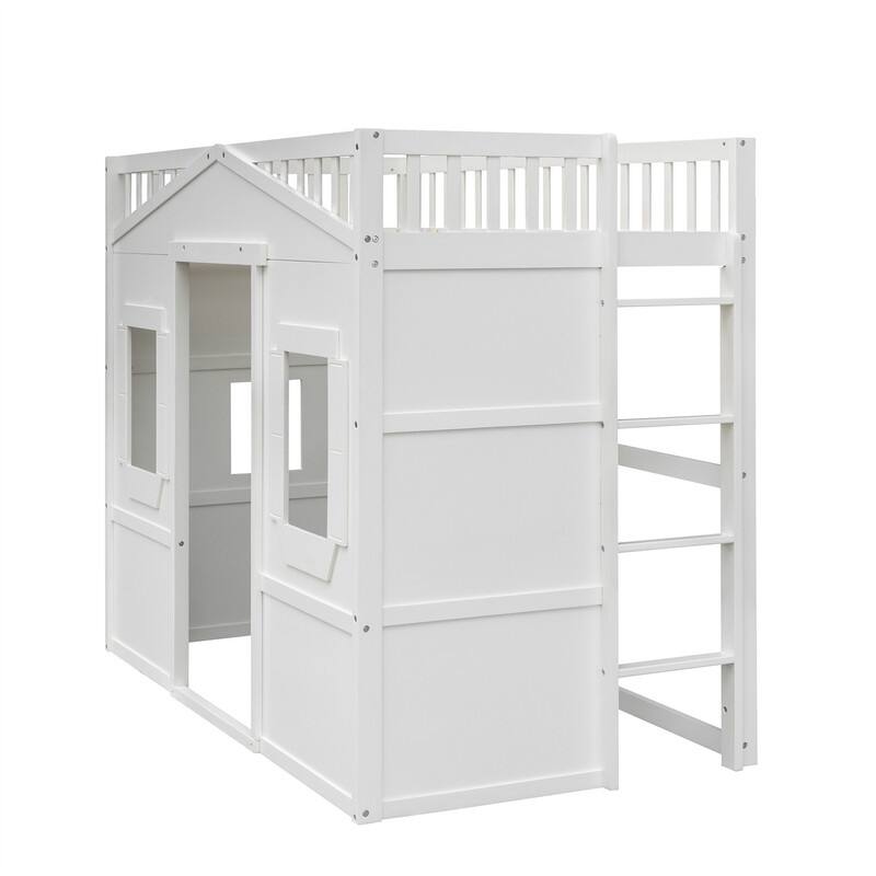 Solid Wood House Loft Bed with Window Design and Ladder, Twin/Full Size Playhouse Bed Loft Bed Frame with Guardrail for Kids