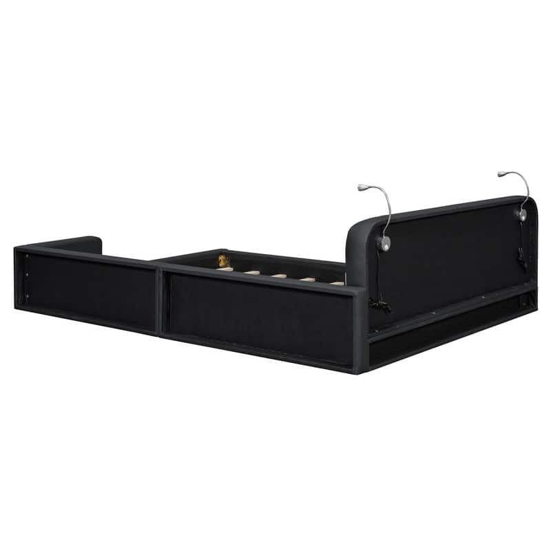 Queen Size Upholstered Platform Bed with 2 Bedside Lights on Headboard, Semi-Open Design PU Leather Floor Bed Frame