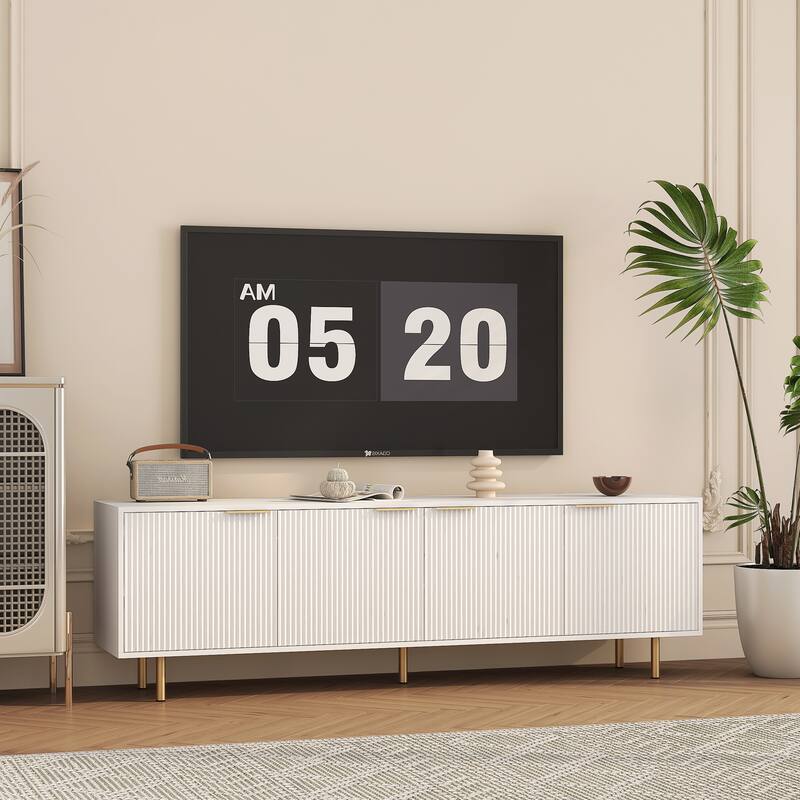 Classic White TV Stand for TVs up to 65 inches Modern Storage Media Console Table with Cabinet, Metal Legs for Living Room
