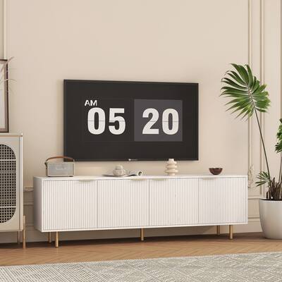 Fluted TV Stand with Storage Doors, Entertainment Center with Shelves, Console Table with Gold Legs and Metal Handles