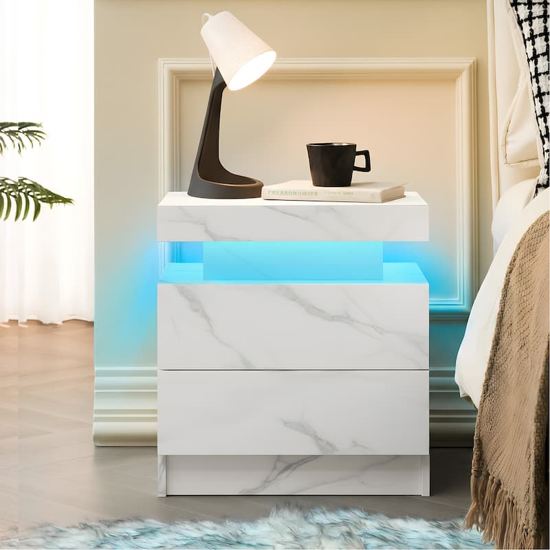 GDF Studio - Avalon Modern LED Nightstand with Dual Drawers and Open Storage Shelf - Matte White