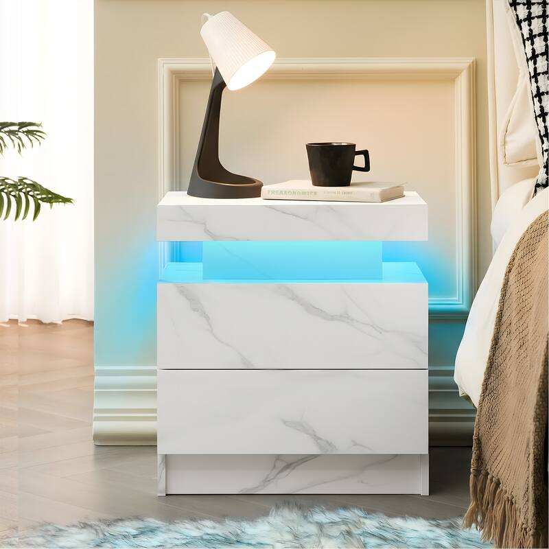 Modern LED Nightstand with Adjustable Lights and 2 Storage Drawers, White Stone - Matte White