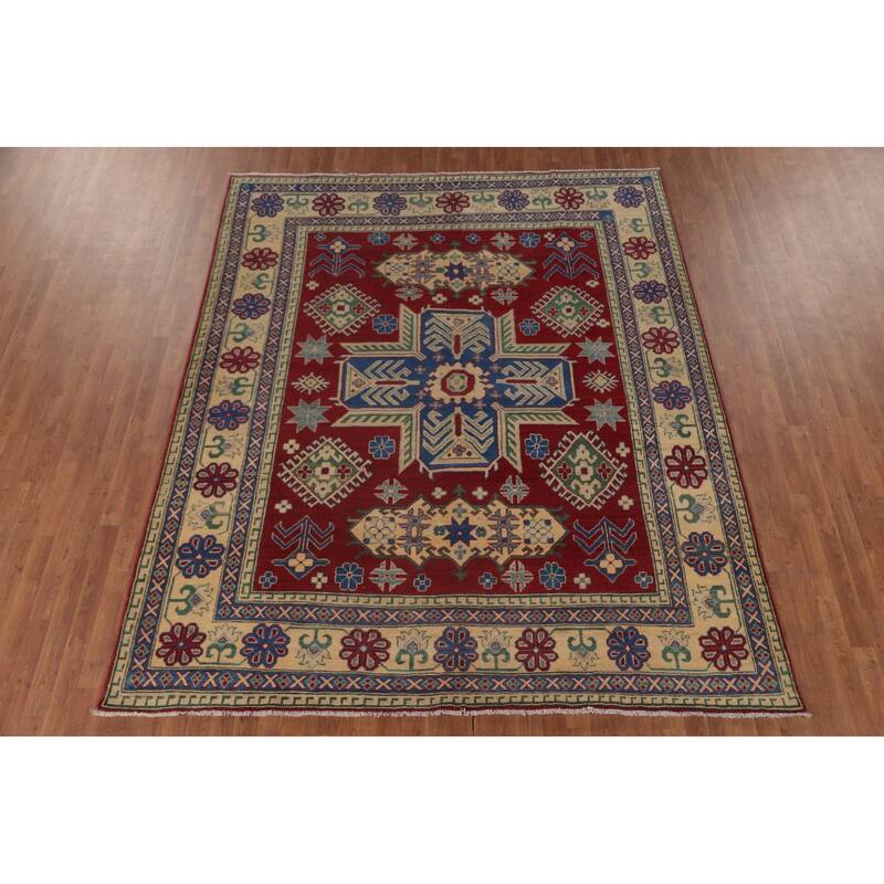 Red Geometric Kazak Area Rug Hand-Knotted Wool Carpet - 8'1" x 9'7"