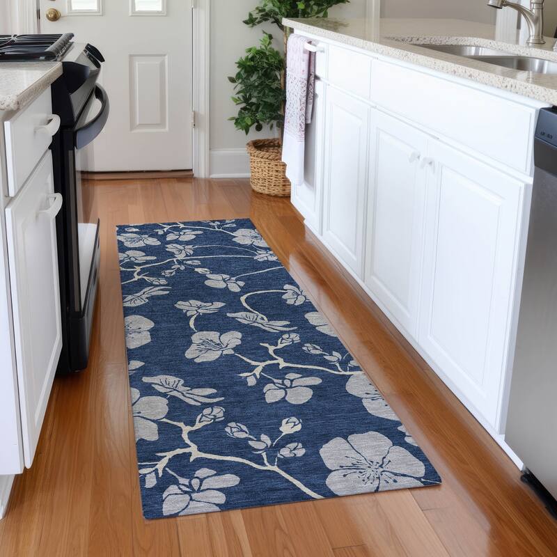 Premium Washable Super Soft Modern Floral Mayfield Rug - Navy - 2'3" x 7'6"