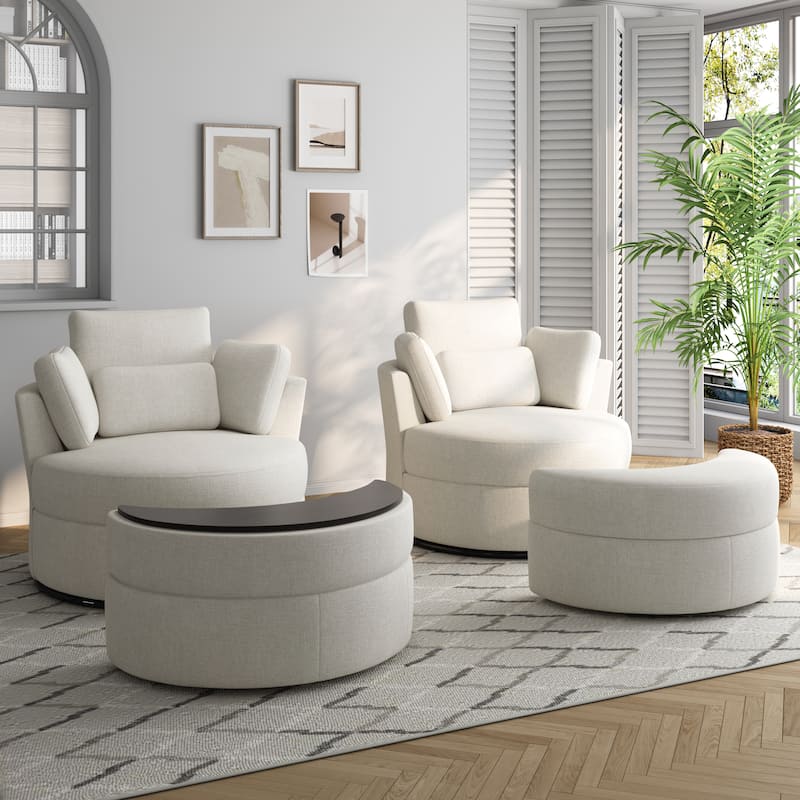 Upholstered Swivel Accent Barrel Chair And Storage Ottoman Sets - Chenille - Beige/Chenille