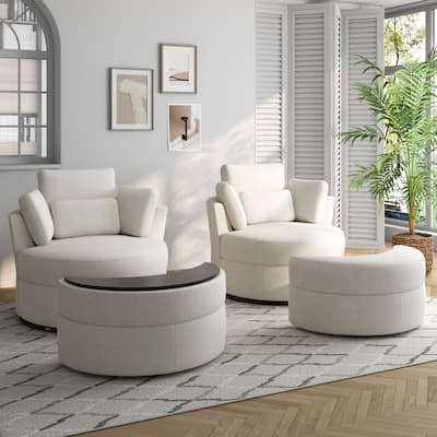 Upholstered Swivel Accent Barrel Chair And Storage Ottoman Sets