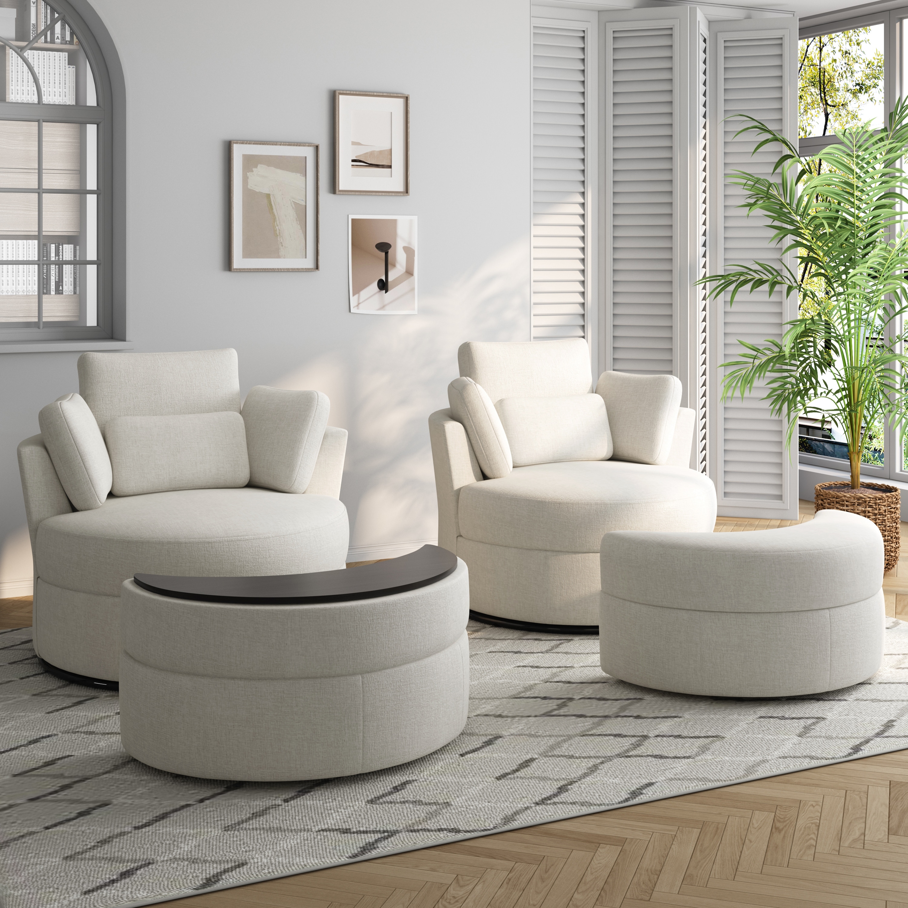 Upholstered Swivel Accent Barrel Chair And Storage Ottoman Sets