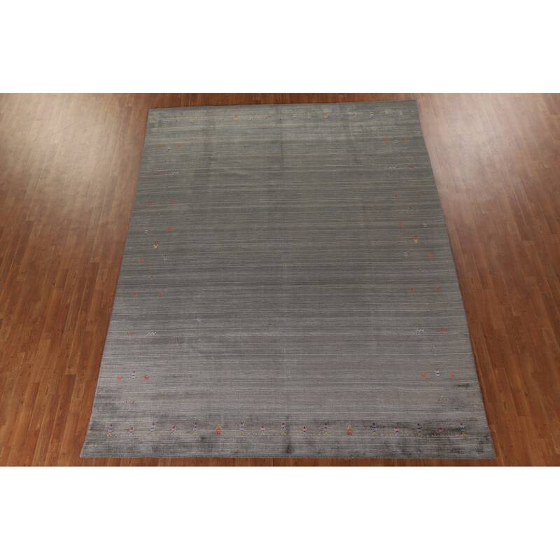 Striped Green Gabbeh Area Rug Hand-Knotted Wool Carpet - 8'10"x 11'8"