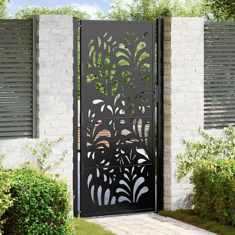 vidaXL Garden Gate Black Steel Leaf Design - Black (3)
