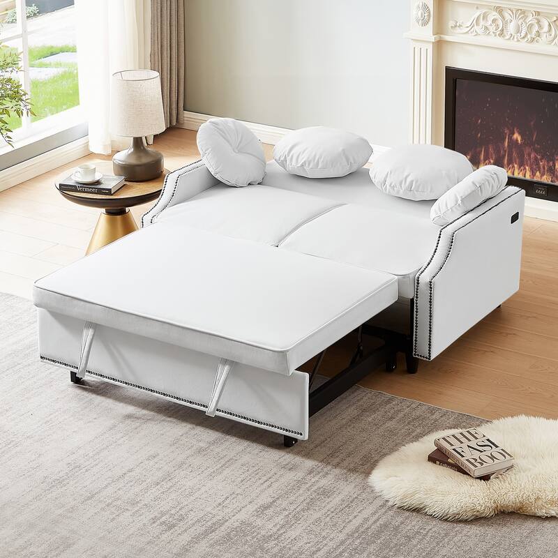 Loveseat Sofa Bed with Adjustable Button Tufted Backrest, 2 USB Ports and 4 Pillows
